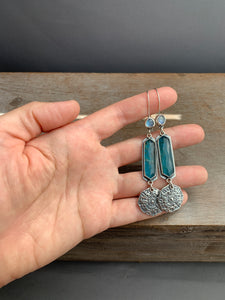 Apatite and moonstone earrings with dangling mandala