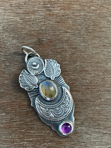 Small labradorite and amethyst winged pendant