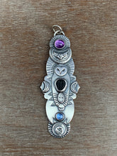 Load image into Gallery viewer, Owl pendant - Trilobite, amethyst, and kyanite
