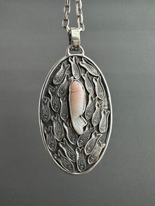 Carved Pink opal Fish Parable Pendant