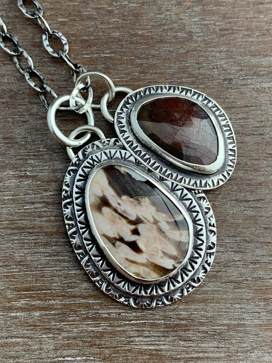 Petrified peanut wood and natural sapphire charm set