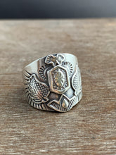 Load image into Gallery viewer, Large size 7.5 winged sacred symbol shield ring
