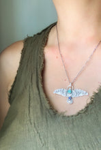 Load image into Gallery viewer, Large amazonite and kyanite stamped bird pendant
