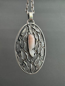 Carved Pink opal Fish Parable Pendant