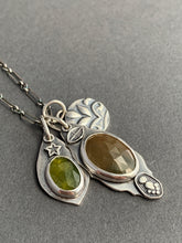 Load image into Gallery viewer, Sapphire and vesuvianite charms with a leaf “coin” accent charm
