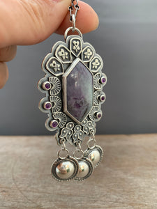 Kammererite with amethyst and jingles necklace