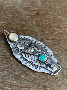 Owl pendant - moonstone, turquoise, and labradorite