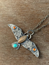 Load image into Gallery viewer, Moon bee bird pendant, with turquoise and carnelian
