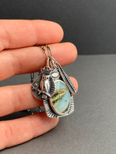 Load image into Gallery viewer, Peruvian blue opal charm necklace with owl and feather charms
