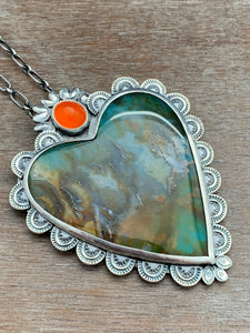 Plume agate and fire opal Sacred Heart pendant