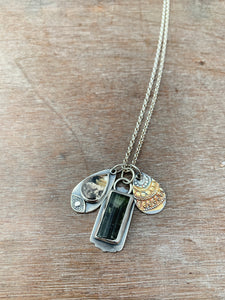 Green tourmaline crystal and rutilated quartz charm necklace