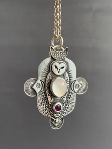 Owl pendant #7 Moonstone and Fluorite