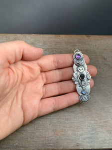 Owl pendant - Trilobite, amethyst, and kyanite
