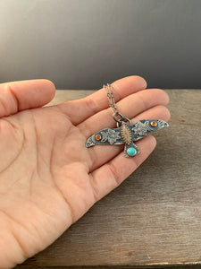 Moon bee bird pendant, with turquoise and carnelian