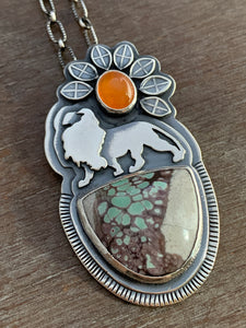 Lion with Lucin Variscite and a fire opal