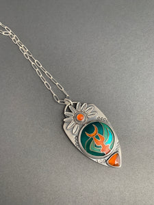 Cloisonné glass enamel with garnet and carnelian pendant