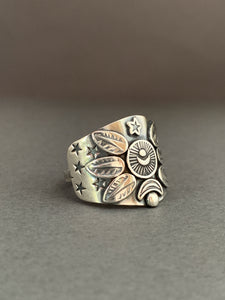 Medium Size 9.5 moon, stars, and feathers shield ring