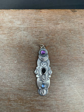 Load image into Gallery viewer, Owl pendant - Trilobite, amethyst, and kyanite
