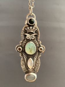 Owl pendant #13 with tourmaline, Peruvian Opal, chocolate moonstones, rainbow moonstone, and a grey moonstone