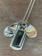 Load image into Gallery viewer, Green tourmaline crystal and rutilated quartz charm necklace
