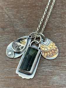 Green tourmaline crystal and rutilated quartz charm necklace