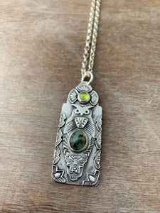 Owl pendant #7 - Peruvian Opal and Peridot