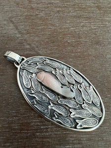 Carved Pink opal Fish Parable Pendant