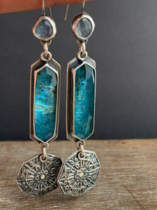 Apatite and moonstone earrings with dangling mandala