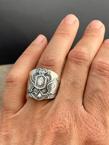 Large size 7.5 winged sacred symbol shield ring