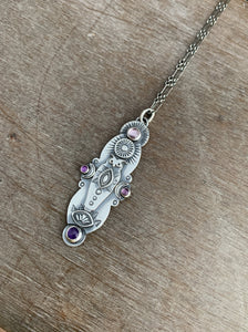 Owl pendant #13 - Amethyst and spinel