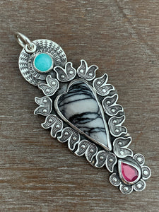 Net Jasper Amazonite and Garnet sacred heart pendant