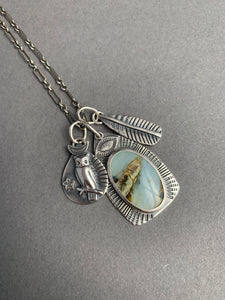Peruvian blue opal charm necklace with owl and feather charms