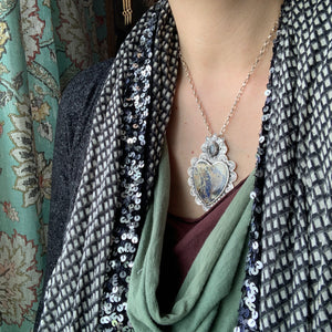 Plume agate and grey moonstone Sacred Heart pendant