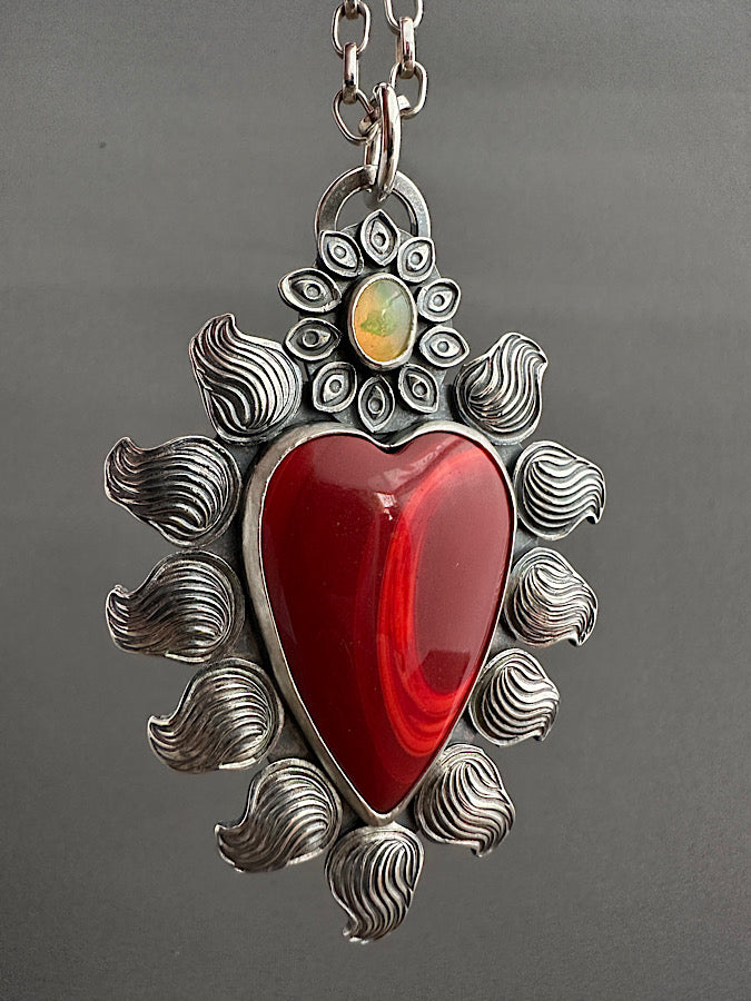 Swirly Red Roserita and Opal Sacred Heart Pendant