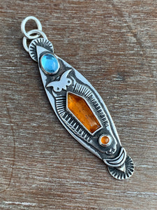 Owl pendant #1 - Orange Kyanite, Carnelian, and Blue Topaz