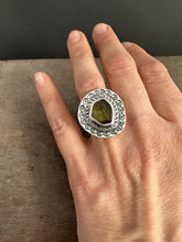 Load image into Gallery viewer, Dark Green tourmaline slice ring.
