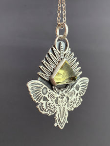 Moth Pendant with Sparkly Triangular Carved topaz.