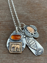 Load image into Gallery viewer, Elephant garnet and peach moonstone charm set.
