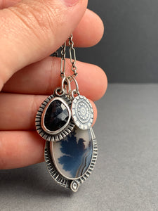 Dendritic Agate charm necklace with a blue sapphire accent charm