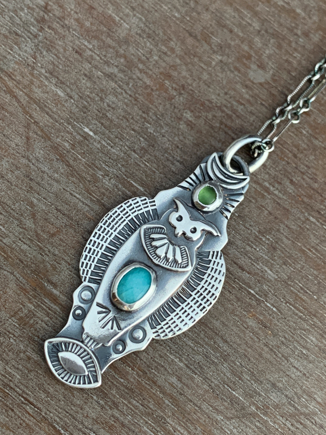 Owl pendant #8 -Amazonite and Serpentine