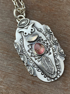 Owl pendant #6 - Pink Tourmaline and Rainbow Moonstone