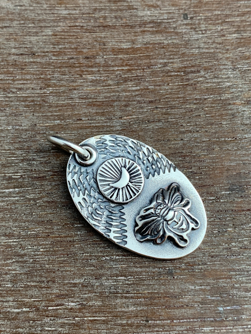 Sterling silver bee and moon pendant