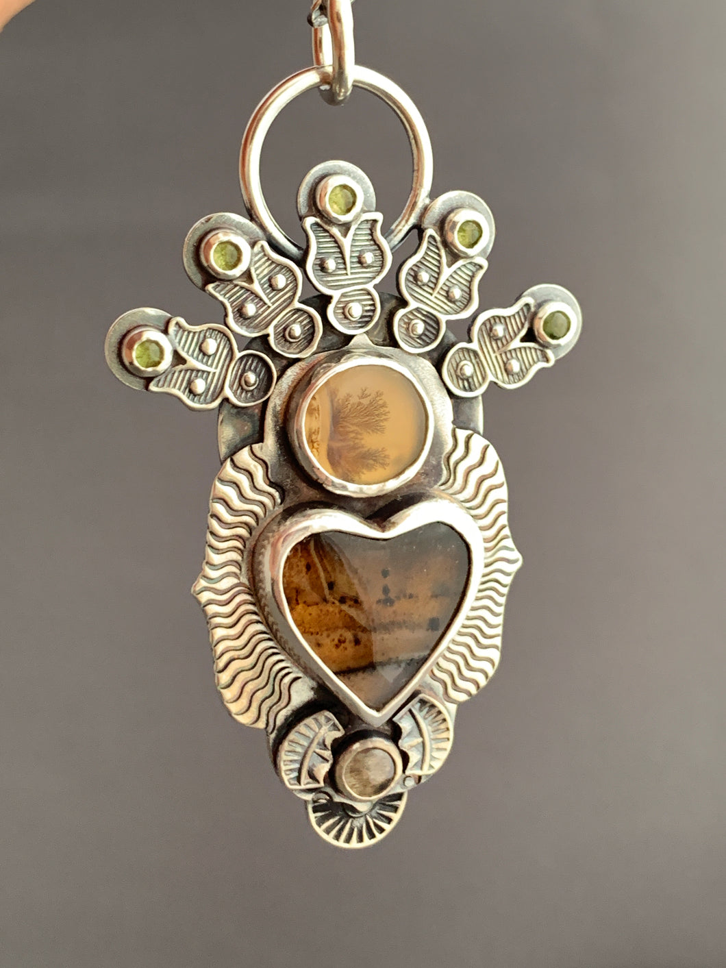 Montana agate sacred heart pendant