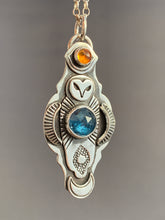 Load image into Gallery viewer, Owl pendant #11 with Citrine and Kyanite *Please note Kyanite is a vivid teal blue my camera cannot depict
