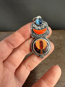 Rosarita moon, Kyanite, and cloisonné elaborate pendant