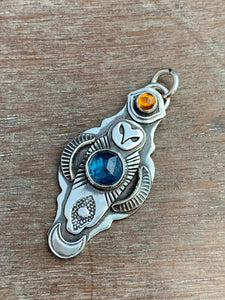 Owl pendant #11 with Citrine and Kyanite *Please note Kyanite is a vivid teal blue my camera cannot depict