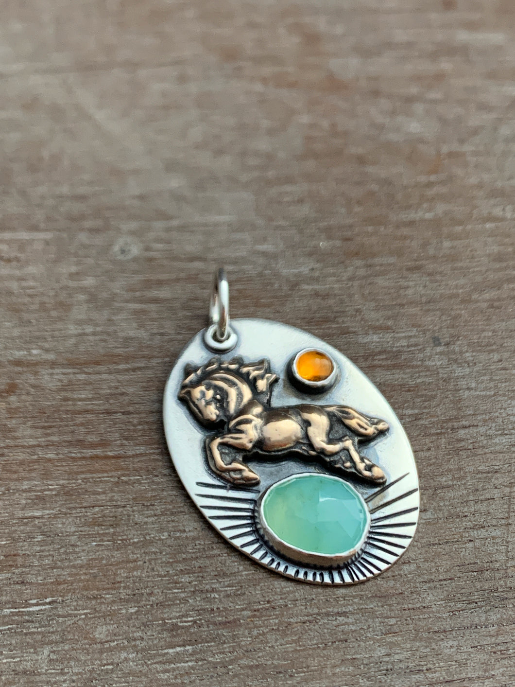 *balance* Peruvian opal, citrine, and bronze horse pendant