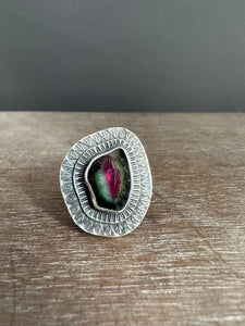 Pink and green tourmaline slice ring.