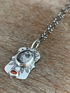 Silver sheen sapphire and garnet charm necklace