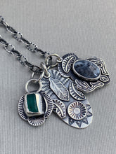 Load image into Gallery viewer, Sterling silver feather and sun charm, dendritic agate antler charm, and apatite charm
